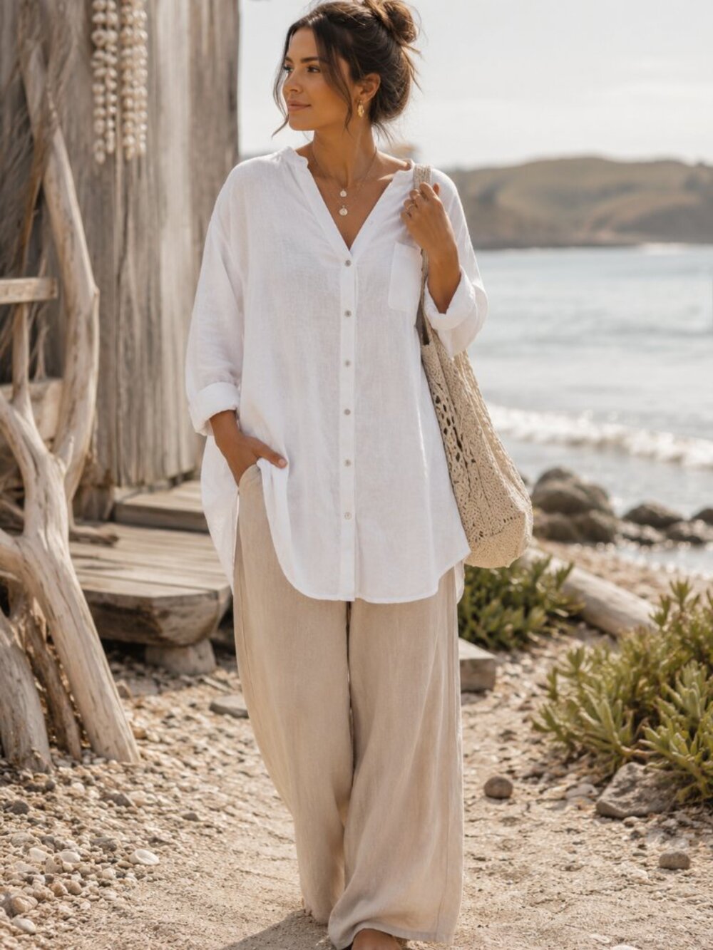 Sigrid Olsen White Linen Button Front Tunic Shirt